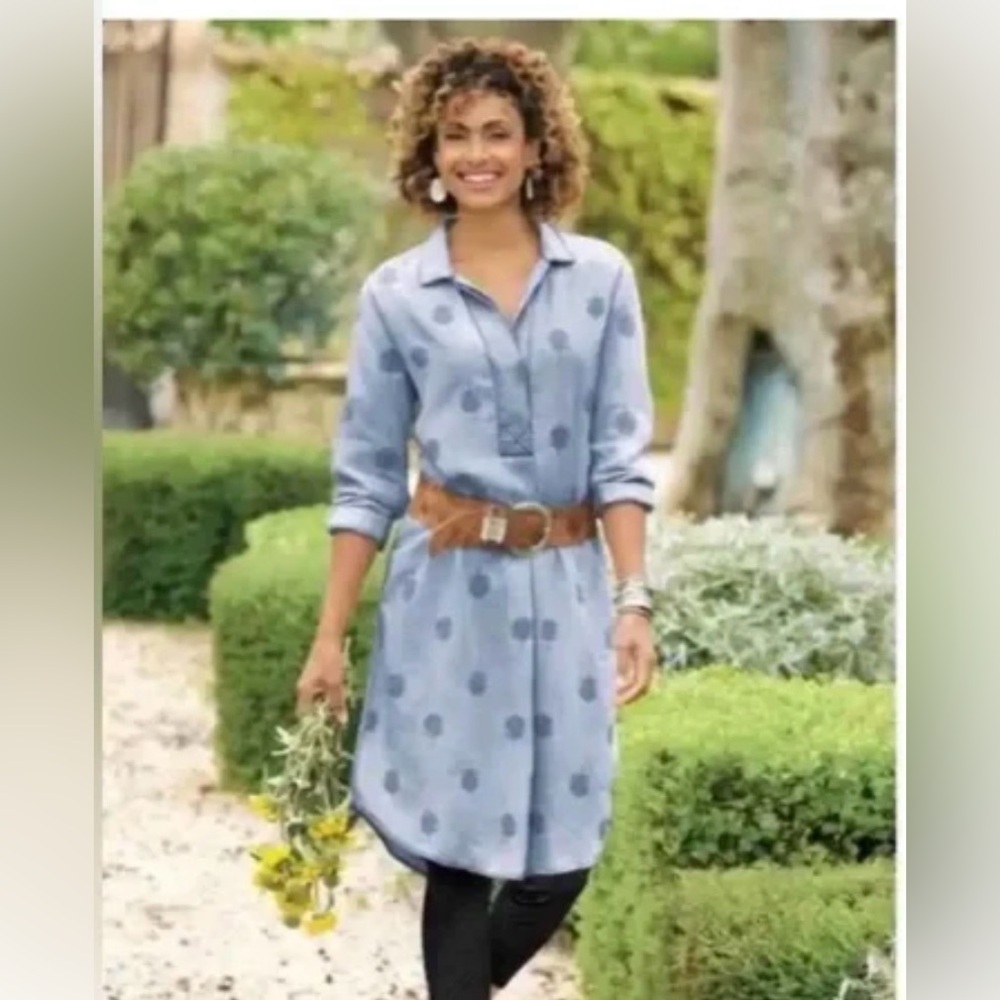 Soft Surroundings Embroidered Paisley Park Chambray Denim Shirt dress size large